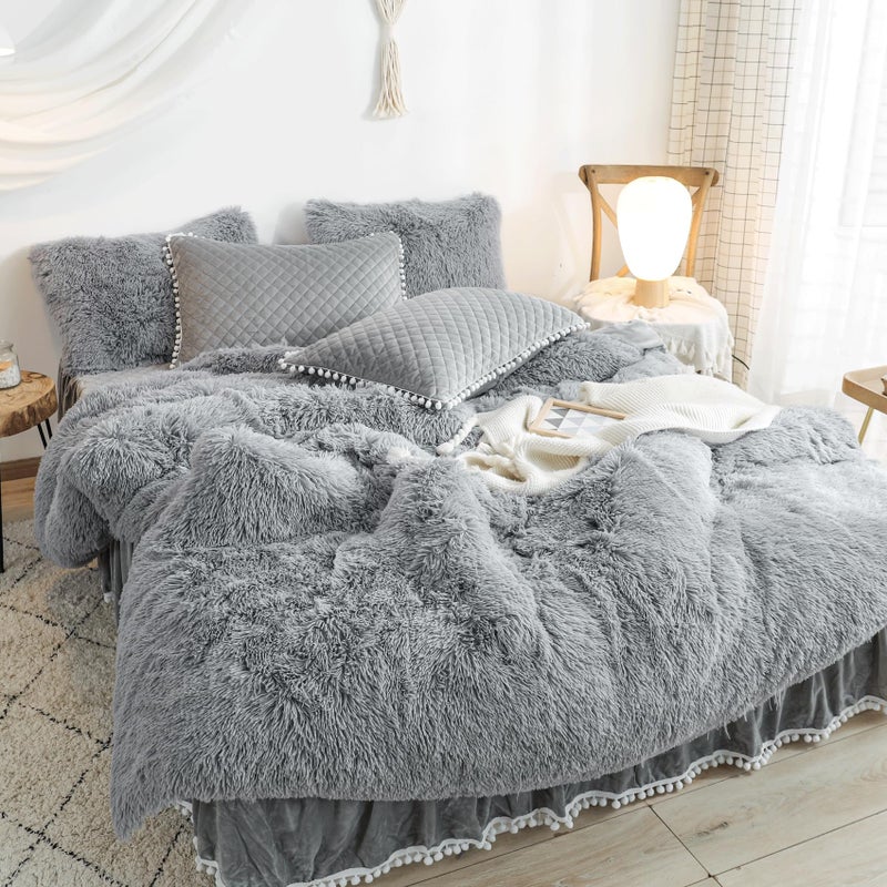 HAIHUA Furry Gray Comforter Cover Queen Set, Soft Fuzzy Faux Fur Gray Bedding Queen Set 3 Pieces (1 Fluffy Duvet Cover + 2 Plush Pillow Cases) Shaggy Bed Set, Zipper Closure - Image 4